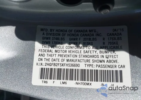 2015 Honda Civic Lx z USA, uszkodzony, nr VIN 2HGFB2F5XFH536690